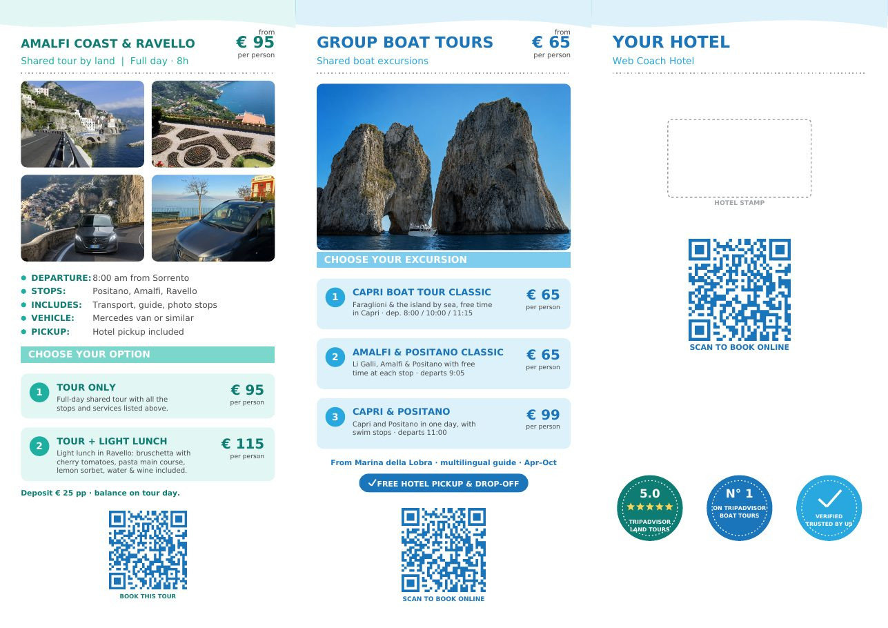 Brochure a tre ante: tour via terra, tour di gruppo e retro